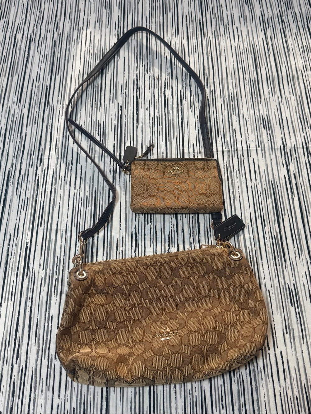 Coach Brown Signature Jacquard Crossbody with Matching Wristlet